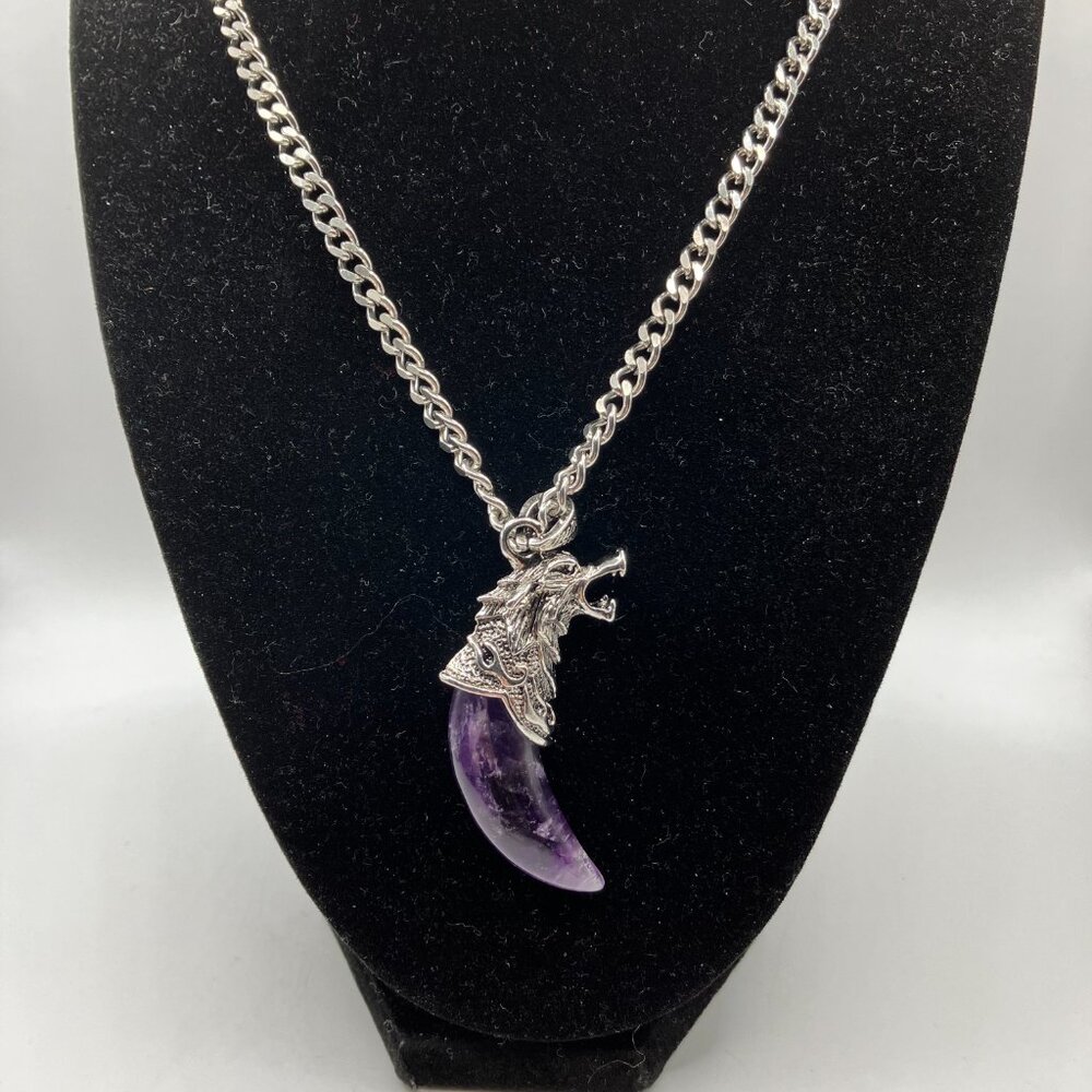 Amethyst Gemstone Tusk AND CHAIN Men's Chunky 20-inch Stainless Steel Chain